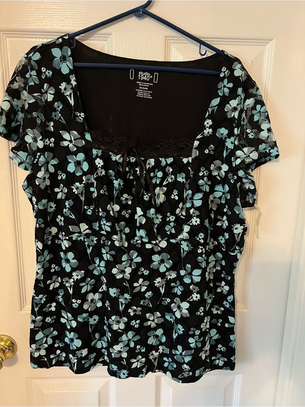 Studio 1940 Black Top with Teal Floral Print